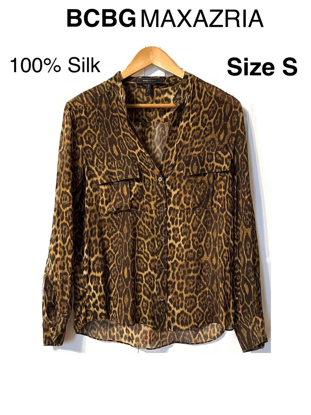 BCBGMaxAzria Brown Leopard Print Silk Button-Down Sheer Blouse Shirt Top